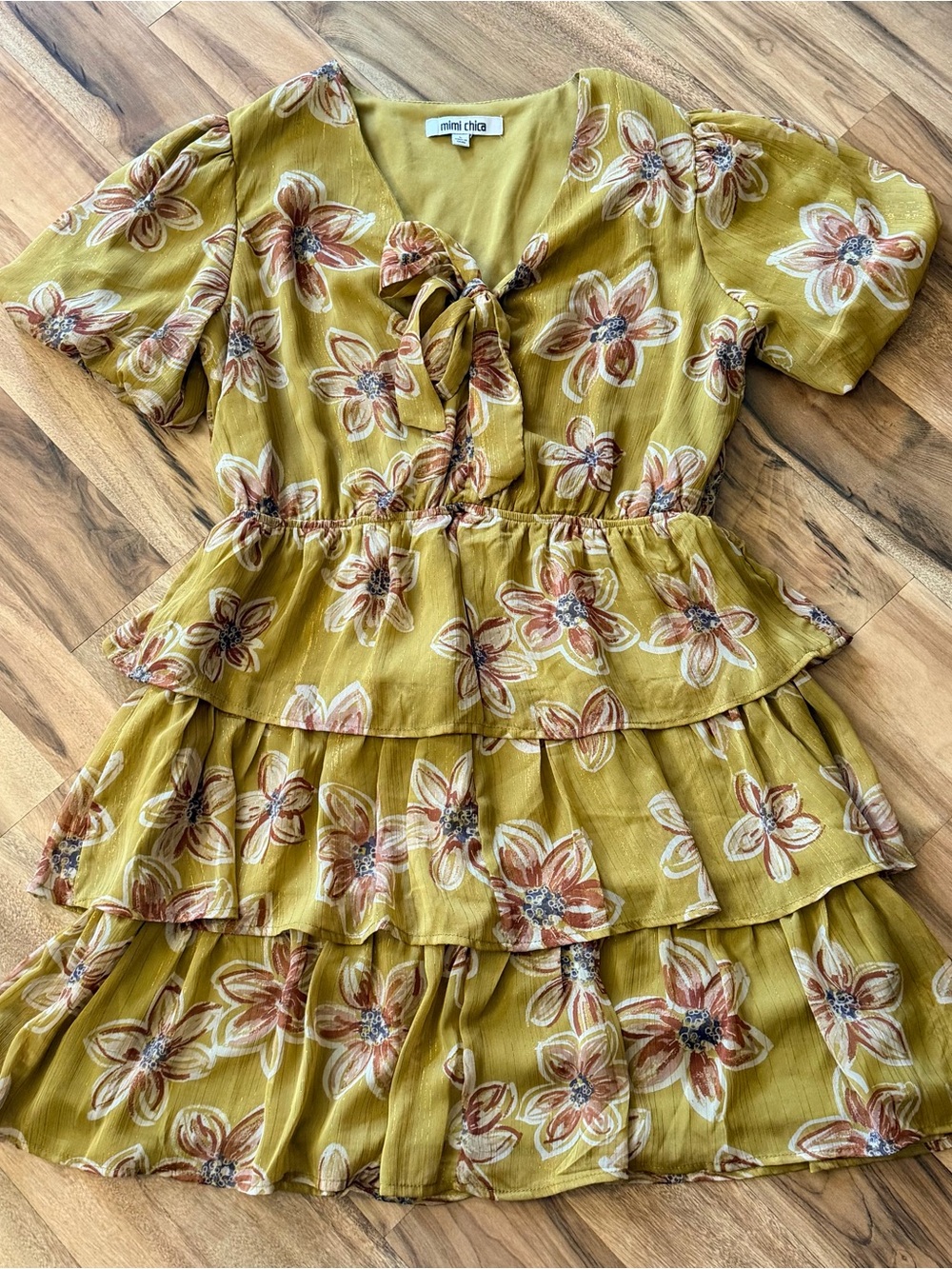 Mimi Chica Mustard Floral Tiered Ruffle Dress with Tie Neck